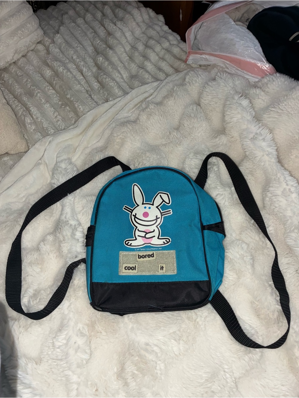 Vintage Y2K Happy Bunny Mini Backpack Turquoise Black Scene Emo